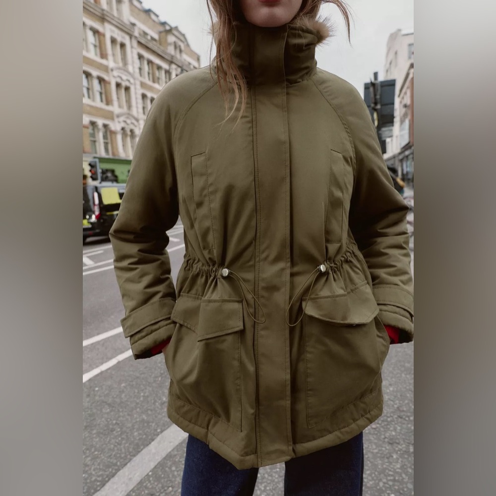 NWT Zara Parka Faux fur Size XL Khaki Utility Jacket Zip Pockets High collar